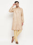 Vastramay Men's Beige Matka Silk Kurta and Gold Pant Style Pyjama Set